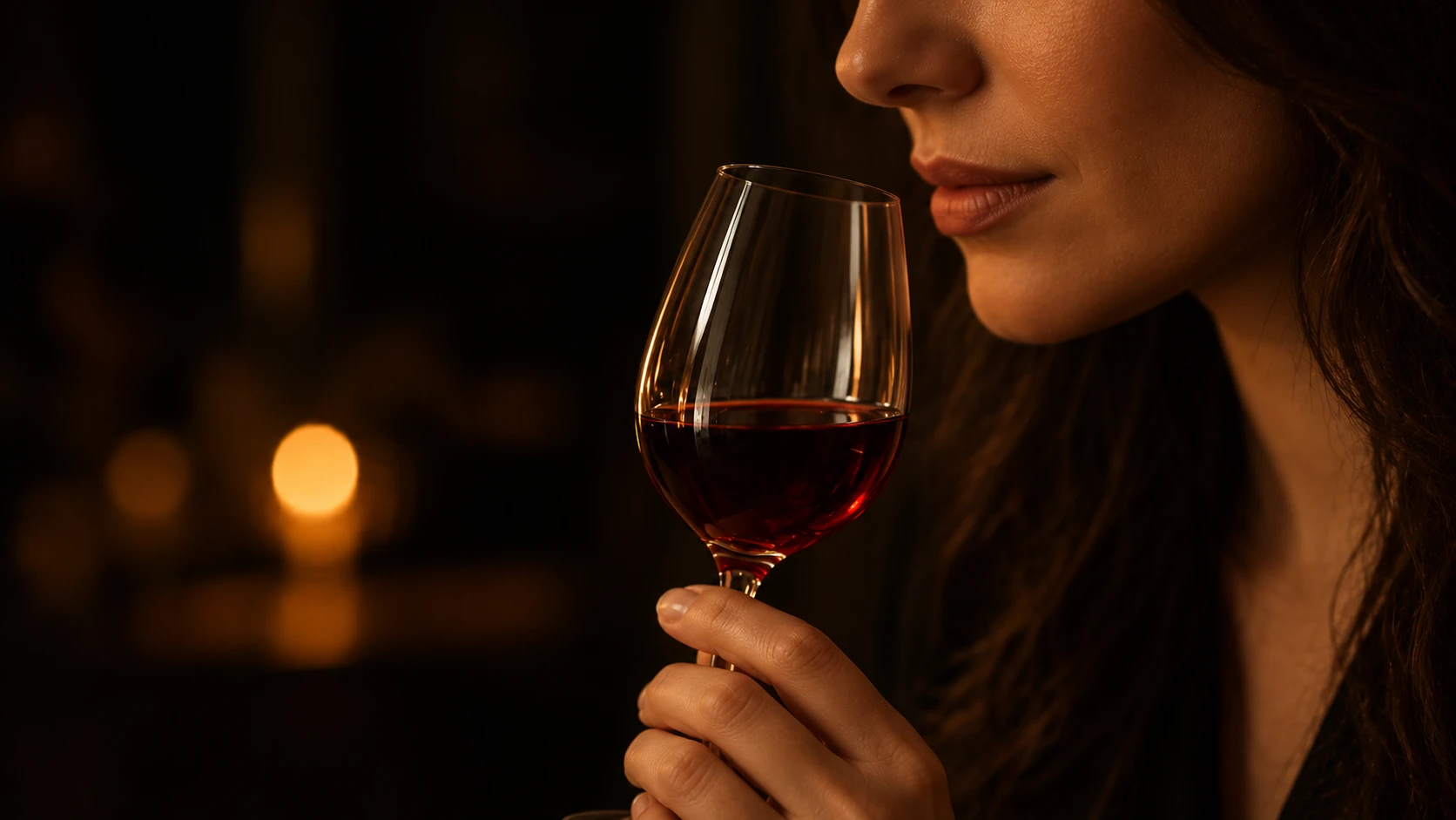 Una mujer descubre los aromas de una copa de vino tinto.