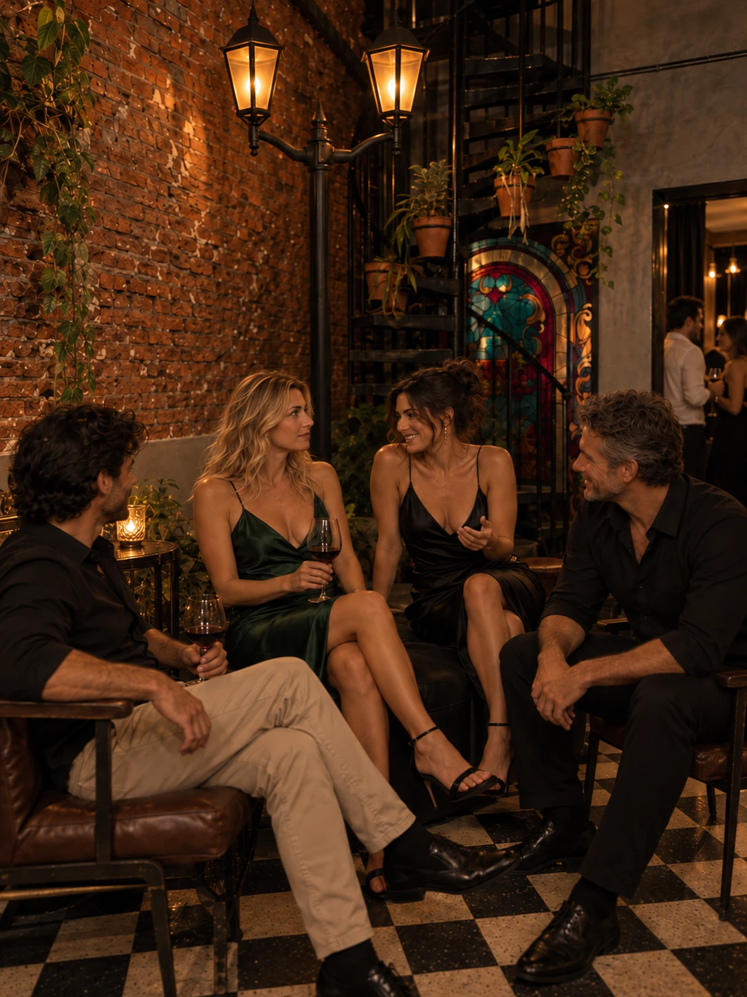 Escena ilustrativa: cuatro personas conversan con sus copas en un patio íntimo de Palermo.
