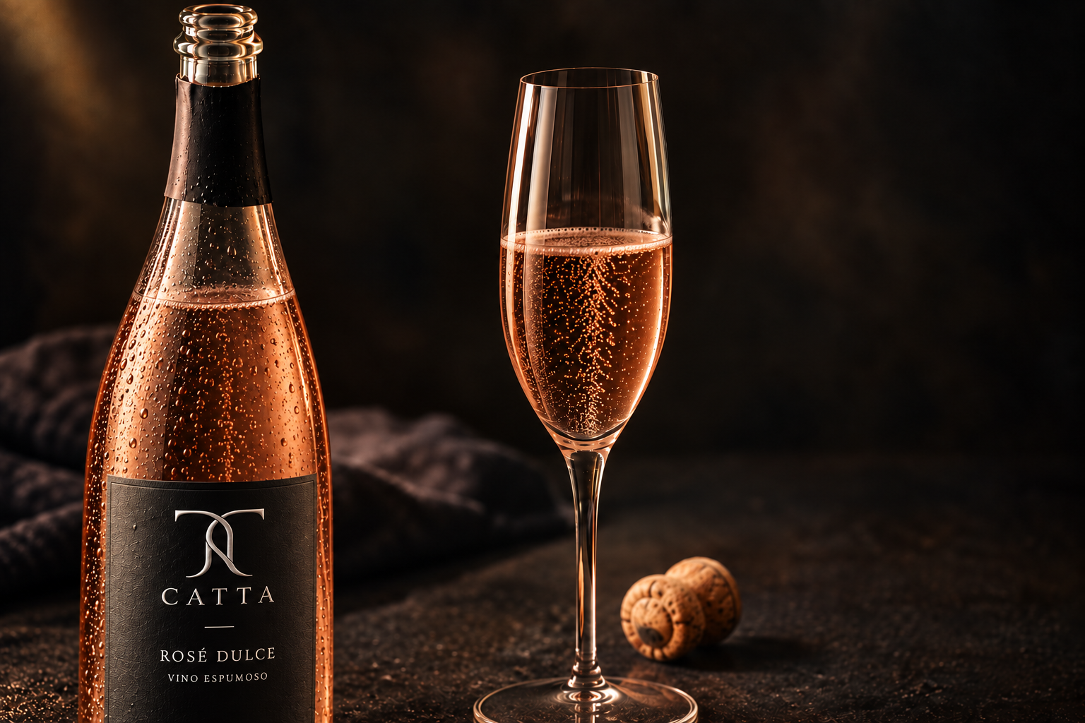 Botella CATTA Rosé Dulce junto a una copa de espumante rosado.