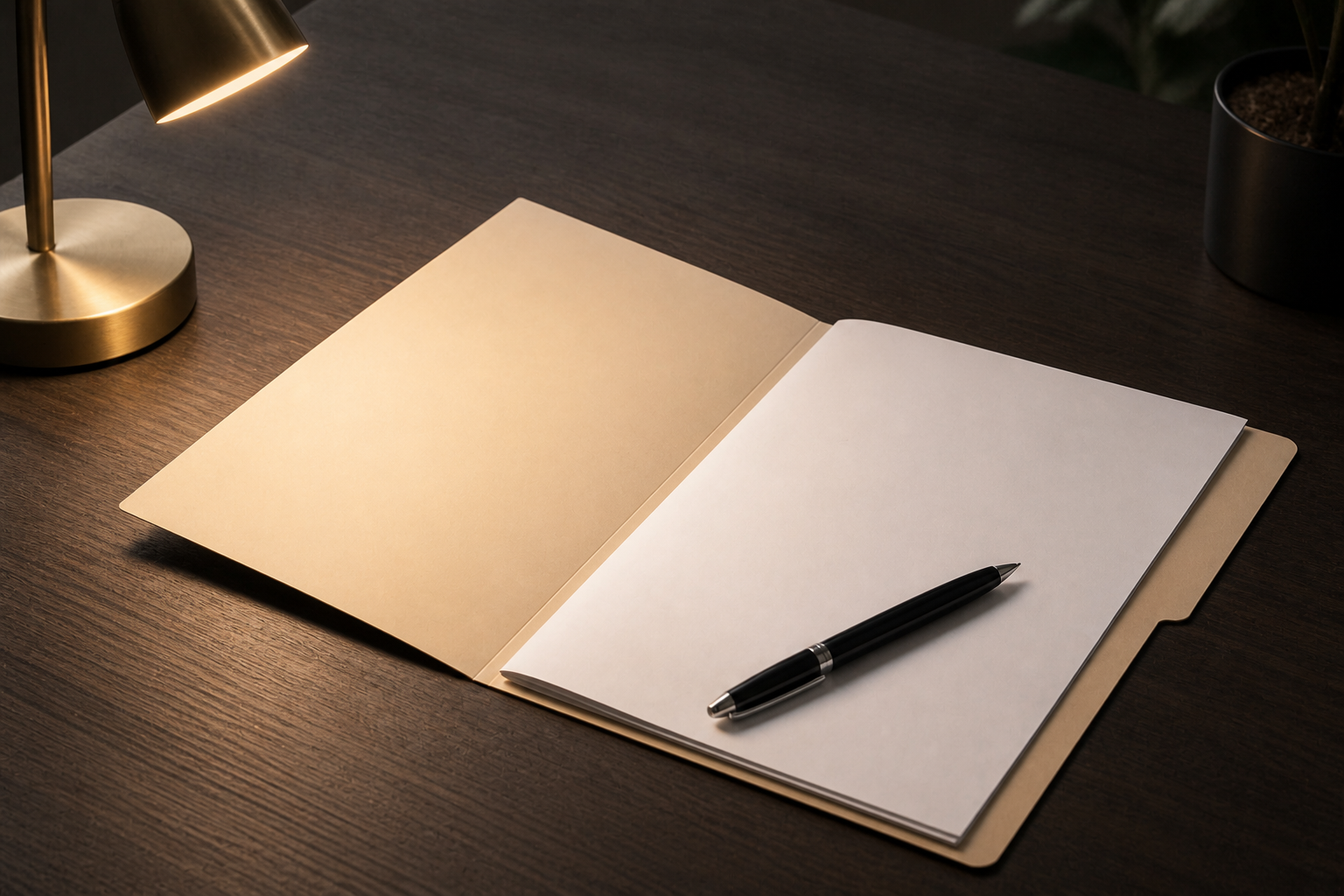Warm desk scene with open folder