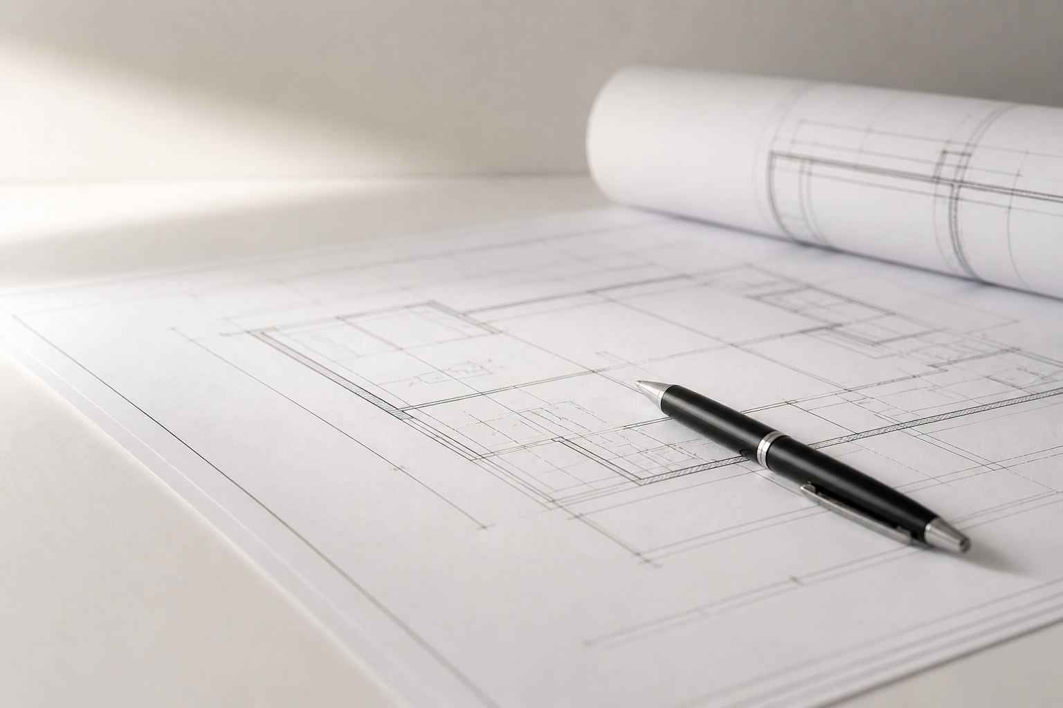 Architectural workspace with blueprints and pen