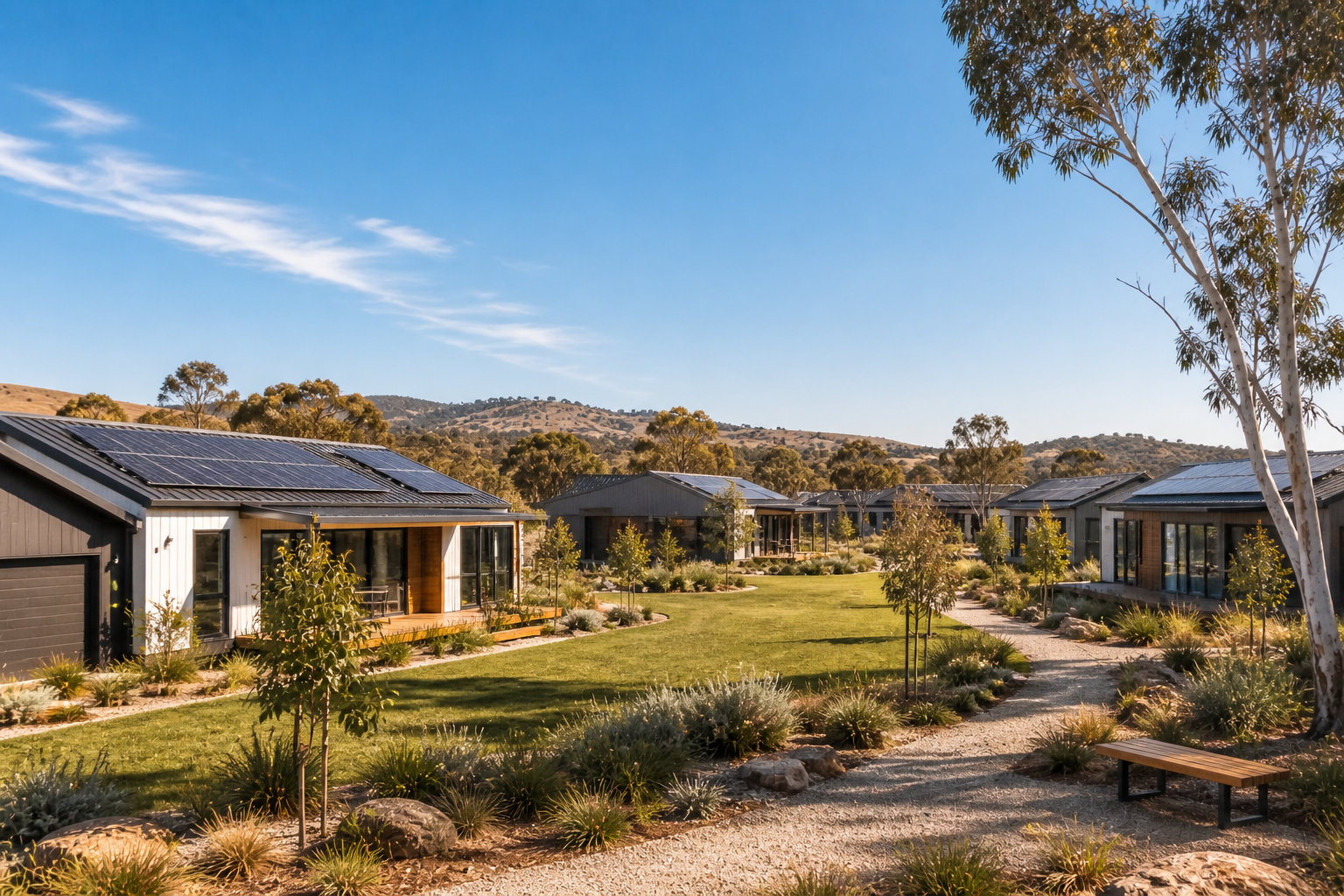 Eco-friendly suburban paradise at sunset Eco-friendly suburban paradise at sunset
