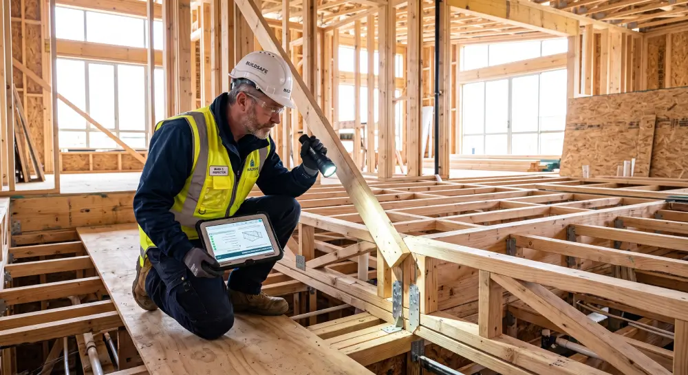 A male building inspector wearing a white hard hat, safety glasses, dark workwear, and a high-visibility yellow vest kneels inside a residential home under construction. He holds a ruggedized digital tablet displaying floor plans in his right hand while shining a flashlight on the exposed wooden sub-floor joists and metal framing connectors with his left hand. Bright natural sunlight illuminates the exposed timber frame and open window structures in the background.