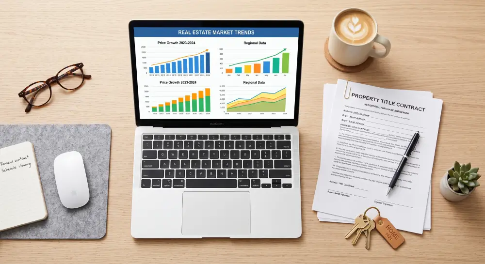 A top-down flat lay photo of a clean, light wooden desk arranged with real estate items. At the center sits an open laptop displaying colorful real estate market trend charts. To the right rests a printed property title contract topped with a black pen, a set of brass house keys on a brown leather keychain, a ceramic cup of latte with latte art on a cork coaster, and a small potted succulent. To the left are tortoiseshell eyeglasses and an open notepad next to a sleek white mouse on a gray felt desk mat.