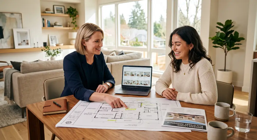 A confident female real estate agent in a navy blazer points to architectural floor plans on a wooden table while speaking with a smiling, optimistic female buyer in a cream sweater. On the table are an open laptop showing property listings, a printed property brochure, and coffee mugs, set against the backdrop of a bright, modern living room filled with warm natural light.