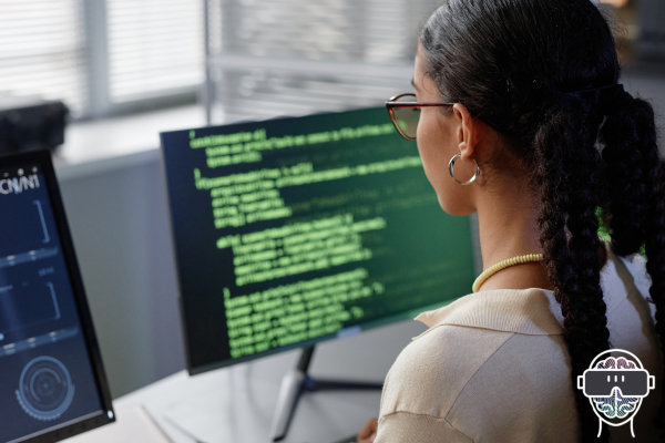 gril sta in front of two computer screens one with a custom dashboard and one with code