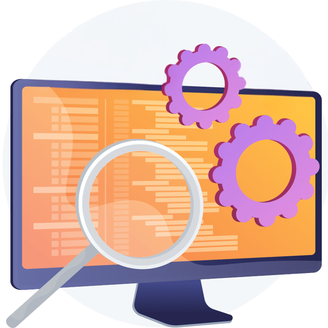 Cmputer screen with magnifying glass and cogs in front