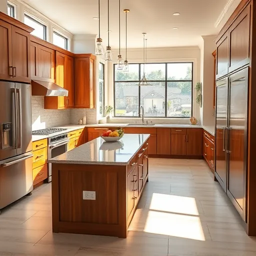 Renovated modern kitchen in Dripping Springs TX with wood cabinetry stainless steel appliances granite island and natural light