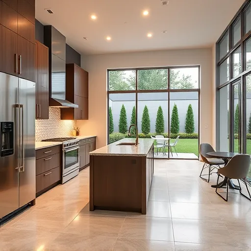 Recently remodeled Crestview TX kitchen with modern cabinetry stainless appliances granite island large windows lush outdoor garden