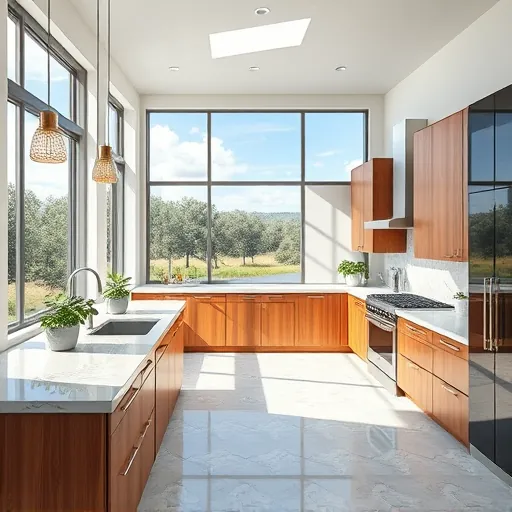 Modern renovated Dripping Springs kitchen with sleek countertops, wooden cabinetry, marble flooring, and Texas outdoor view