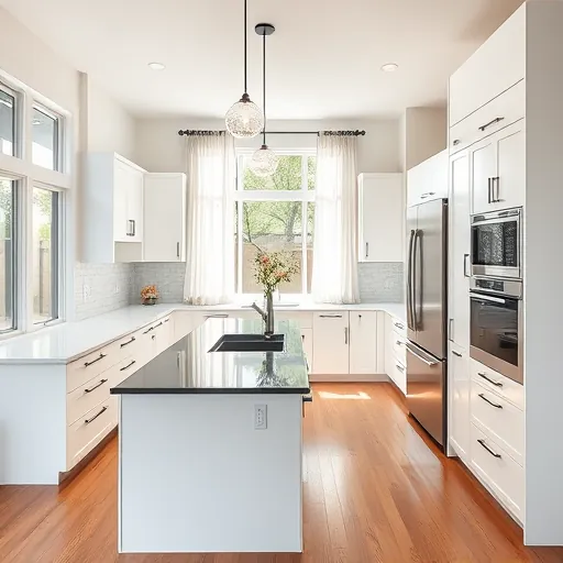 Recently remodeled modern kitchen in Circle C Ranch TX with white high-gloss cabinetry, quartz countertops, granite island, stainless steel appliances, and hardwood floors