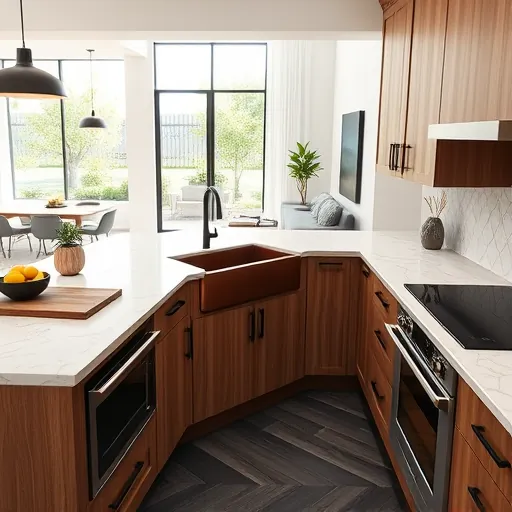 Renovated modern Austin kitchen with natural wood cabinets, marble countertops, copper sink, geometric backsplash, and large windows