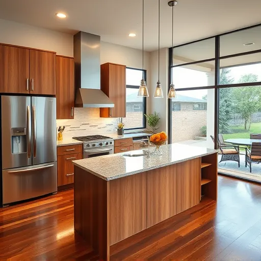 Remodeled Volente TX kitchen with modern wood cabinets large granite island stainless appliances lush backyard view