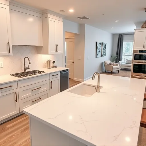 Renovated kitchen in Kyle Texas with sleek cabinetry, quartz island, modern appliances, geometric backsplash, and natural light