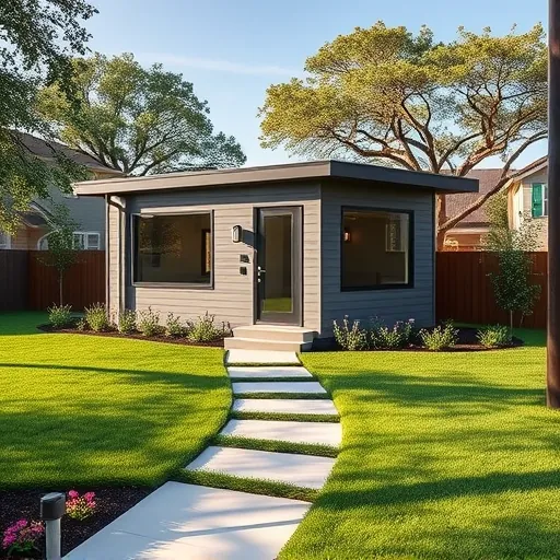 Newly built modern ADU in Austin TX with stylish design, durable siding, large windows, and lush landscaped yard