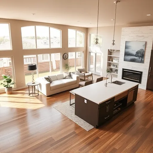 Stunning open-concept living space in Cedar Valley TX featuring hardwood floors, large windows, and modern kitchen.