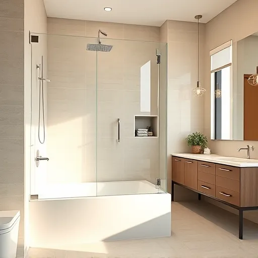 Modern bathroom with frameless glass shower enclosure, sleek tiles, rainfall showerhead, stylish vanity, and polished flooring in Austin