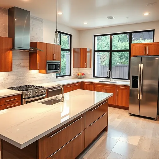 Remodeled kitchen in Volente TX with quartz countertops, stainless-steel appliances, custom cabinetry and outdoor view.