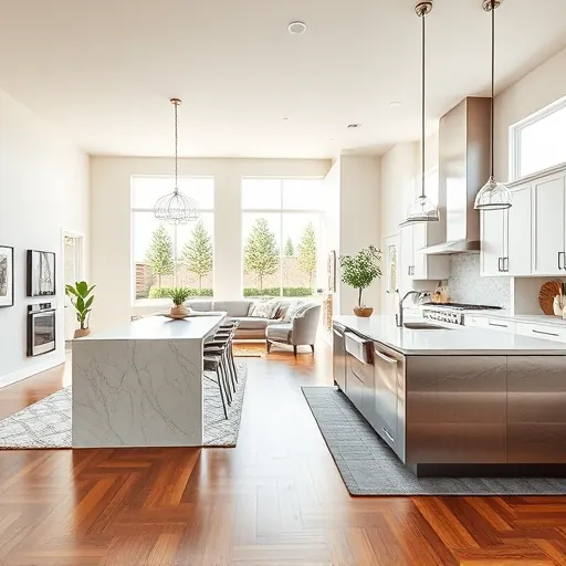 Contemporary living space in Buda, TX, featuring hardwood floors, modern furniture, and a stylish kitchen with marble island.
