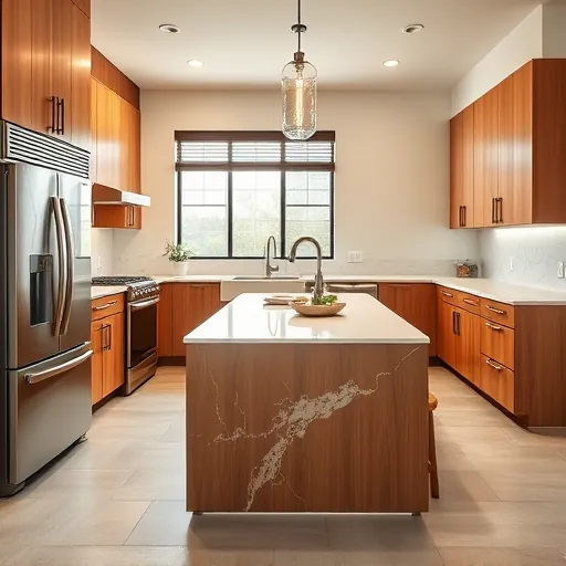 Renovated kitchen in Austin TX with quartz countertops, stainless steel appliances, and warm wooden cabinets.