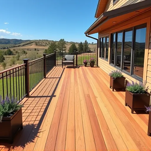 Completed cedar deck with wrought-iron railings and native plants in a Texas landscape showcasing craftsmanship in Austin