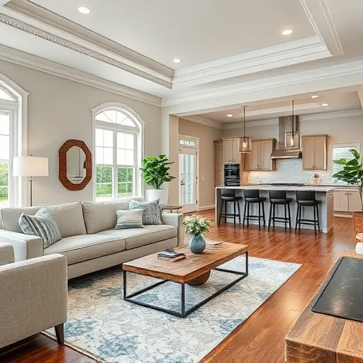 Beautifully remodeled living room in South Lamar TX with modern furnishings, gray walls, hardwood floors, and a stylish kitchen.