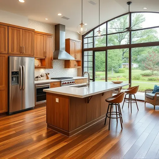 Remodeled Wimberley TX kitchen with quartz countertops stainless appliances wooden cabinets marble island hardwood floors and large windows