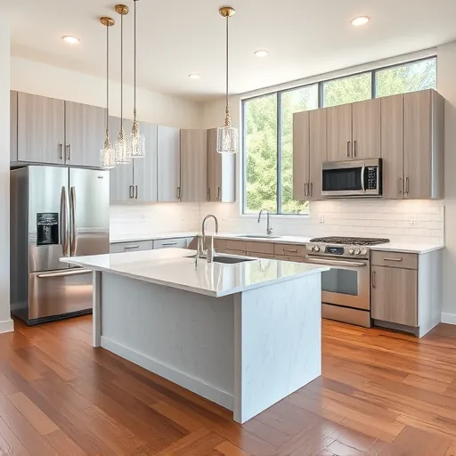 Modern remodeled kitchen in Kyle Texas with sleek cabinetry quartz countertops stainless appliances and lush outdoor views