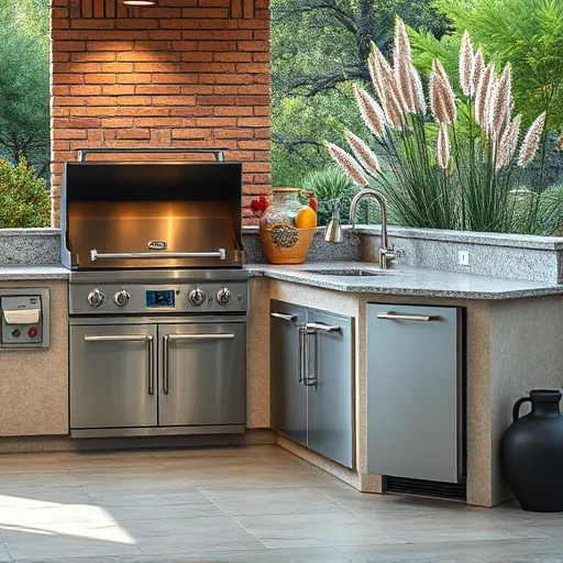 Completed outdoor kitchen in Austin with stainless steel grill, granite countertop, built-in sink, stone backdrop, lush greenery, and ambient lighting