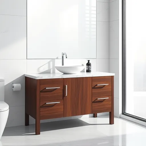 Completed modern bathroom vanity in Austin with marble countertop dark wood cabinet chrome fixtures natural light