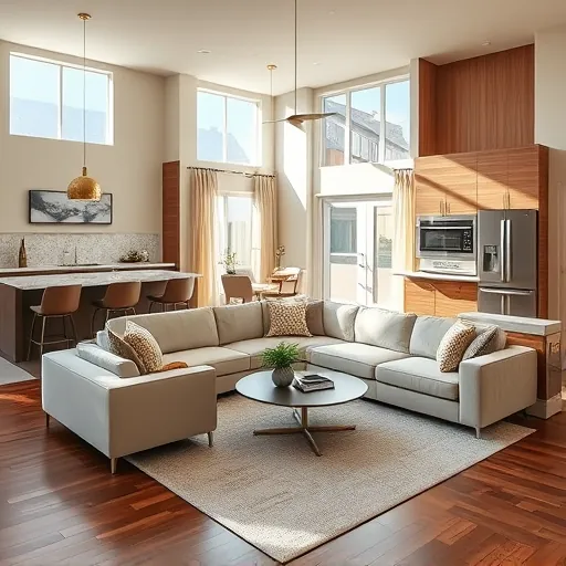 Modern living room in Kyle TX with elegant furnishings, open layout, quartz countertops, plush sofa, and hardwood floors.