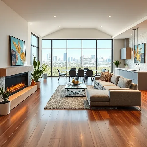Modern renovated Austin living room with hardwood floors, electric fireplace, floor-to-ceiling windows, modern furniture, and open kitchen