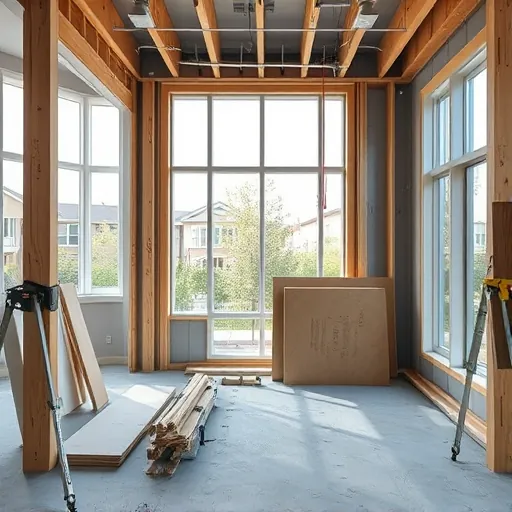 Freshly completed load bearing wall removal in Austin TX showcasing exposed beams, new framing, and organized materials