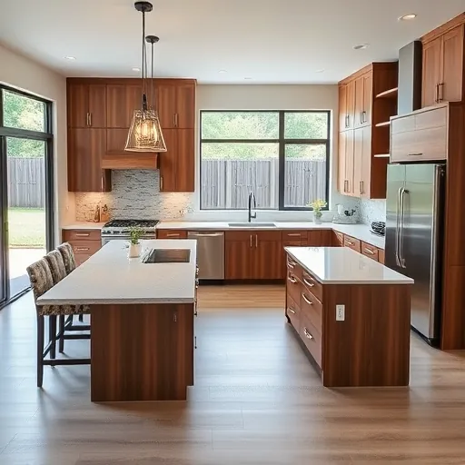 Recently renovated modern kitchen in Falconhead TX with quartz countertops, large island, stainless appliances, warm wood cabinets, and natural lighting