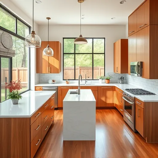 Remodeled Crestview Texas kitchen with modern wood cabinets quartz island stainless appliances farmhouse sink hardwood floor natural light