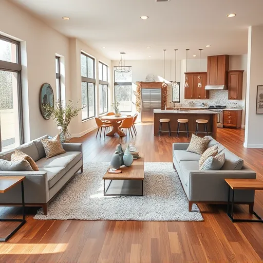Modern living room in Mueller TX with sleek furniture, natural wood accents, and bright windows, showcasing elegant decor.