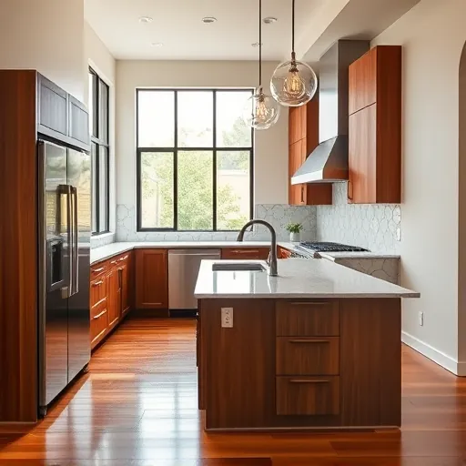 Kitchen remodel in Spicewood TX with stainless steel appliances custom wood cabinets quartz island backsplash hardwood flooring and natural light