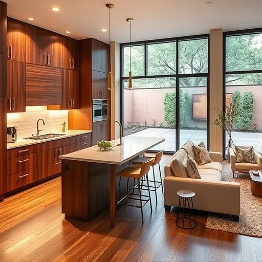 Beautifully remodeled kitchen in Zilker, TX with walnut cabinetry, quartz countertops, and spacious living area.