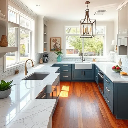 Modern kitchen remodel in Bouldin Creek with high-end appliances, elegant cabinetry, marble countertops, and cozy living area.