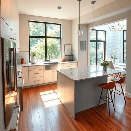 Modern Barton Hills kitchen with neutral matte cabinets granite island stainless appliances natural light pure wooden floors