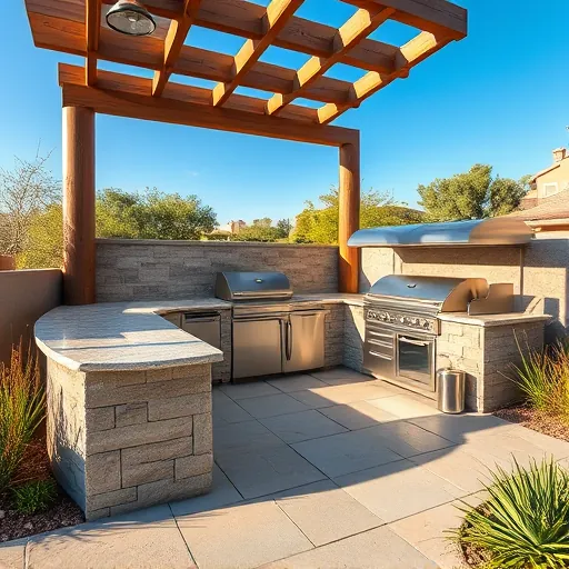 Completed outdoor kitchen in Austin with stainless steel appliances granite countertop lush greenery and desert plants under sunny sky