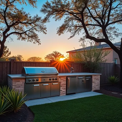 Beautiful outdoor kitchen in a lush Austin backyard with stainless steel appliances, natural stone countertops, and Texas landscaping