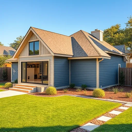 New modern Austin home addition with sleek design, large energy-efficient windows, native landscaping, and lush neighborhood.