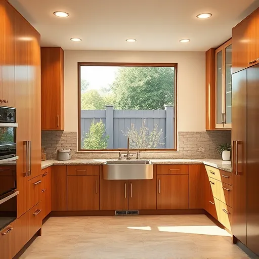 Remodeled East Cesar Chavez TX modern kitchen with natural wood cabinets granite countertops herringbone backsplash stainless steel farmhouse sink and backyard views