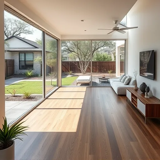 Modern Austin room addition with large windows hardwood floors lush backyard Texas plants neighborhood scene