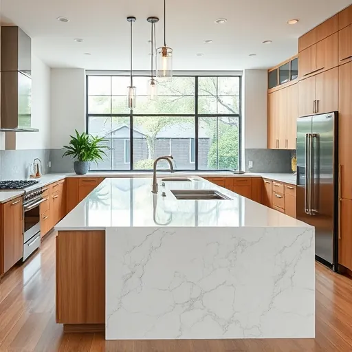 Completed modern Austin kitchen with quartz island, wooden cabinets, stainless appliances, and scenic backyard view