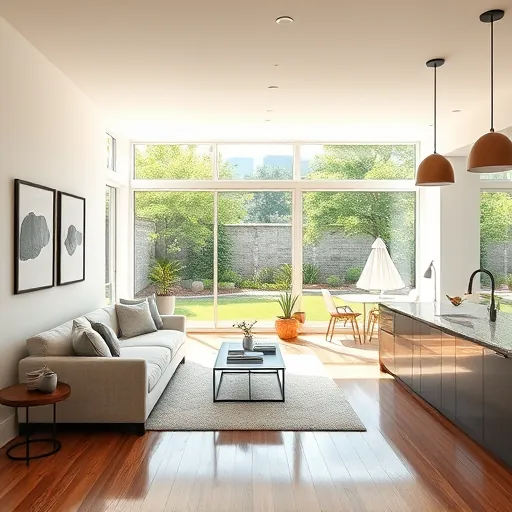 Beautifully renovated Austin home interior with modern furniture, hardwood floors, lush backyard view, and stylish kitchen.