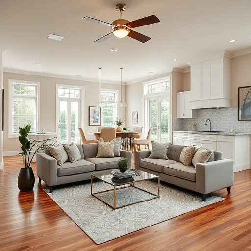 Renovated living room in Brentwood TX with modern design, hardwood floors, large windows, and sleek kitchen.