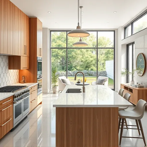 Renovated kitchen in Austin with modern wood cabinets, quartz countertops, stainless steel appliances, and bright interiors.