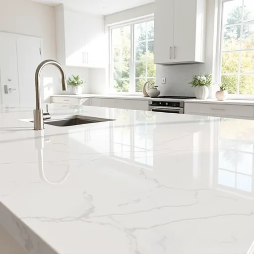 Completed modern kitchen quartz countertop with natural veining, seamless joints, glossy finish, and minimalist decor